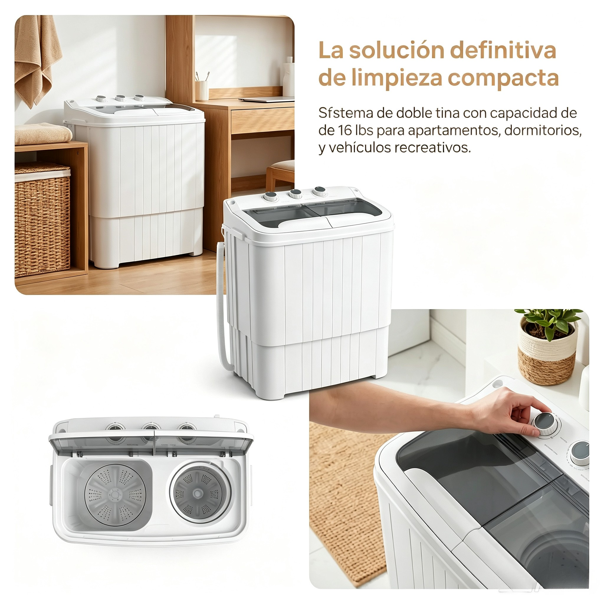 Lavadora semiautomática de doble tina (capacidad total de 16 lb: 9.6 lb de lavado + 5.4 lb de centrifugado); lavadora compacta ideal para apartamentos, dormitorios, casas rodantes, campamentos y uso doméstico diario.