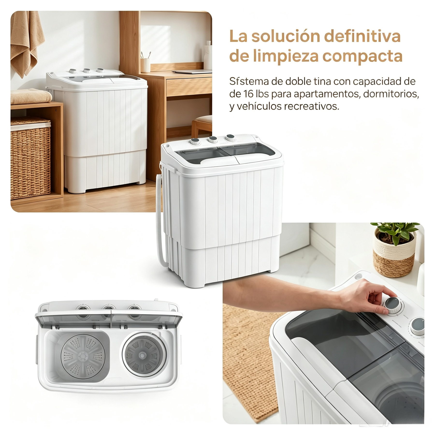 Lavadora semiautomática de doble tina (capacidad total de 16 lb: 9.6 lb de lavado + 5.4 lb de centrifugado); lavadora compacta ideal para apartamentos, dormitorios, casas rodantes, campamentos y uso doméstico diario.