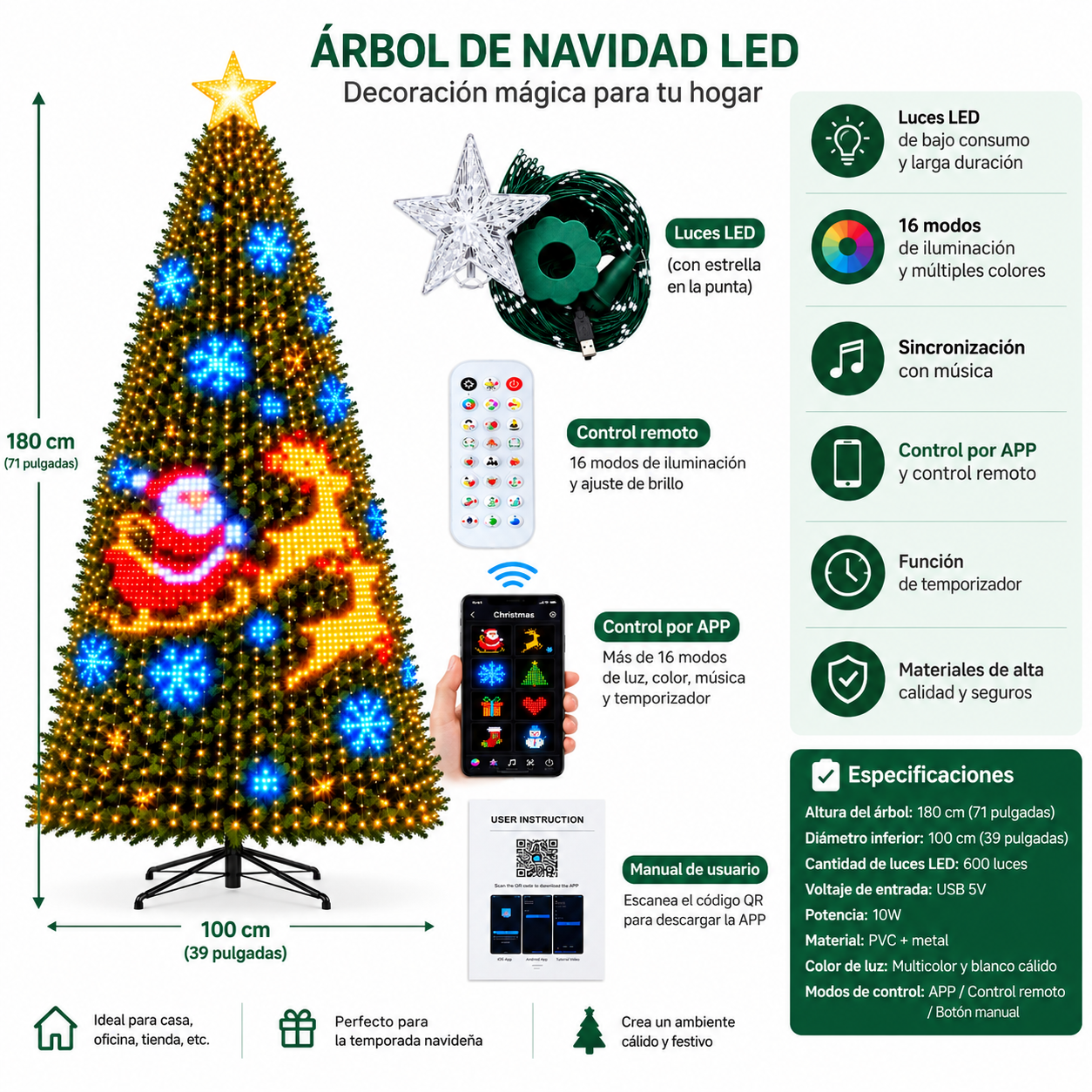 Árbol de Navidad con Luces LED Inteligentes 400 LED, Más de 200 Efectos, Control por APP y Remoto, USB