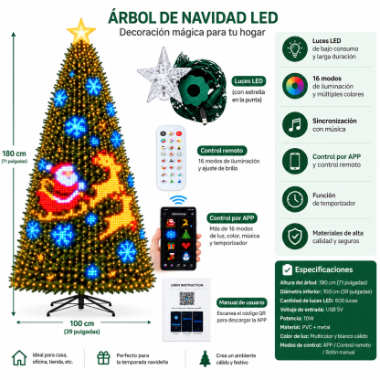 Árbol de Navidad con Luces LED Inteligentes 400 LED, Más de 200 Efectos, Control por APP y Remoto, USB