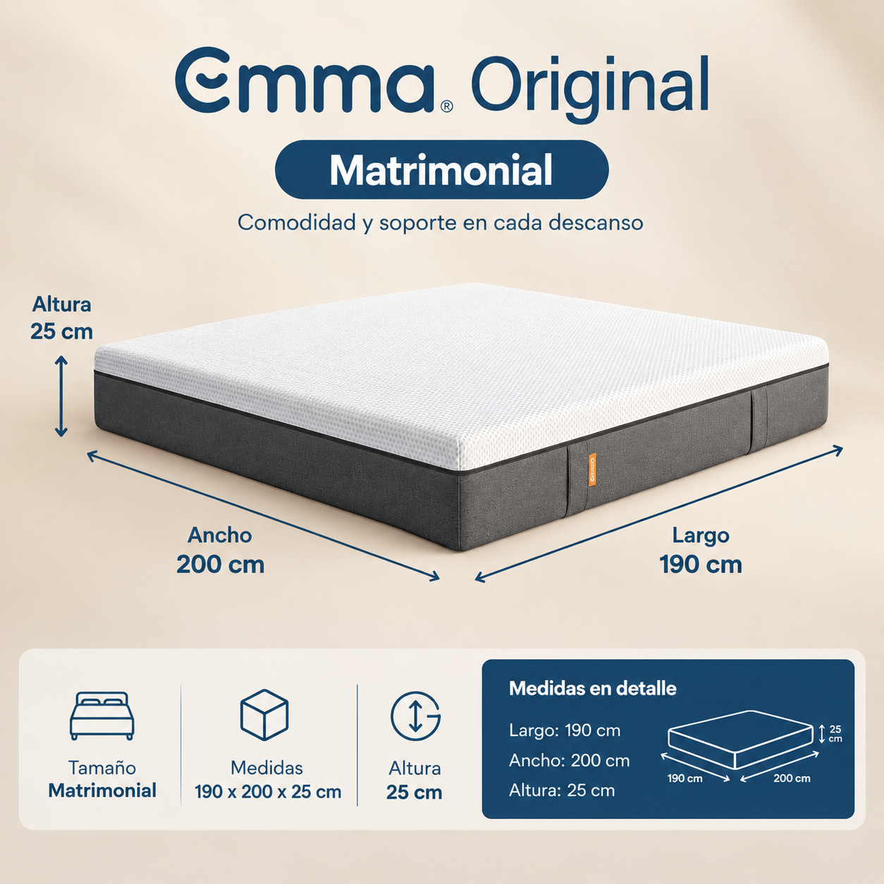 Emma Colchón Original Matrimonial 200x190 cm Memory Foam + 2 Almohadas Memory Adapt, Tecnología Alemana y 100 Noches de Prueba
