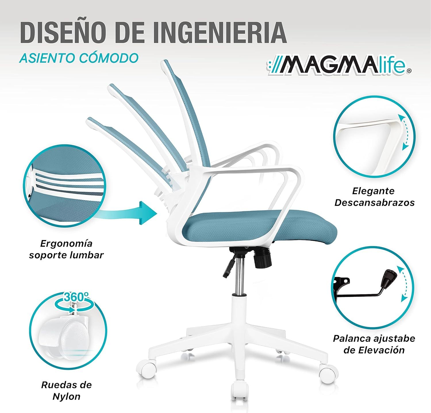 MAGMALIFE Silla Ergonómica de Escritorio con Respaldo de Malla Transpirable, Moderna y Elegante, Silla Giratoria con Soporte Lumbar y Cómodos Descansabrazos (Azul Cerúleo)