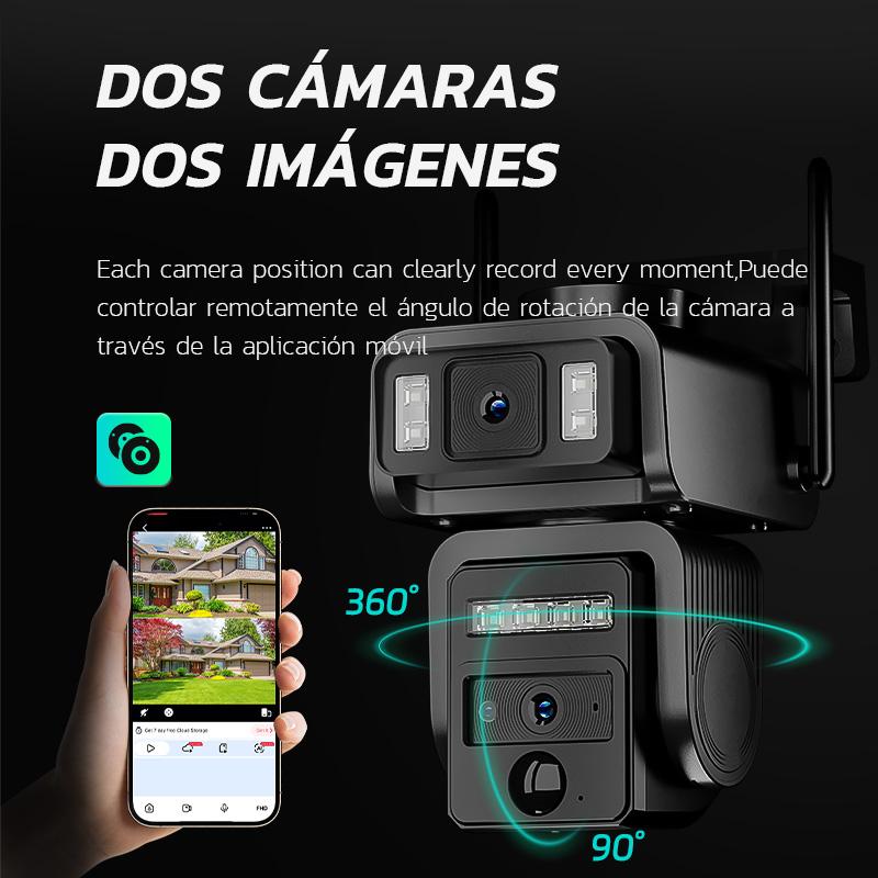 Cámara WiFi de Seguridad Solar Exterior con Lente Dual y Batería 8000mAh - Modelo AJ19-WiFi, 8MP Ultra HD, 360° Panorámica, Visión Nocturna a Color, Alarma Sonora, Comunicación Bidireccional, Sin Mensualidad (Tarjeta SD/Gratis 7 Días), IP66, Fácil Instala