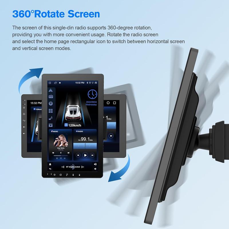 Autorradio Haudio 2026 de 10,1" con pantalla táctil giratoria, formato DIN simple: Android 13, CarPlay/Android Auto inalámbrico, procesador de 4 núcleos, 2 GB + 32 GB, navegación GPS, sonido Hi-Fi, Bluetooth 4.2, cámara de visión trasera AHD (montaje vert