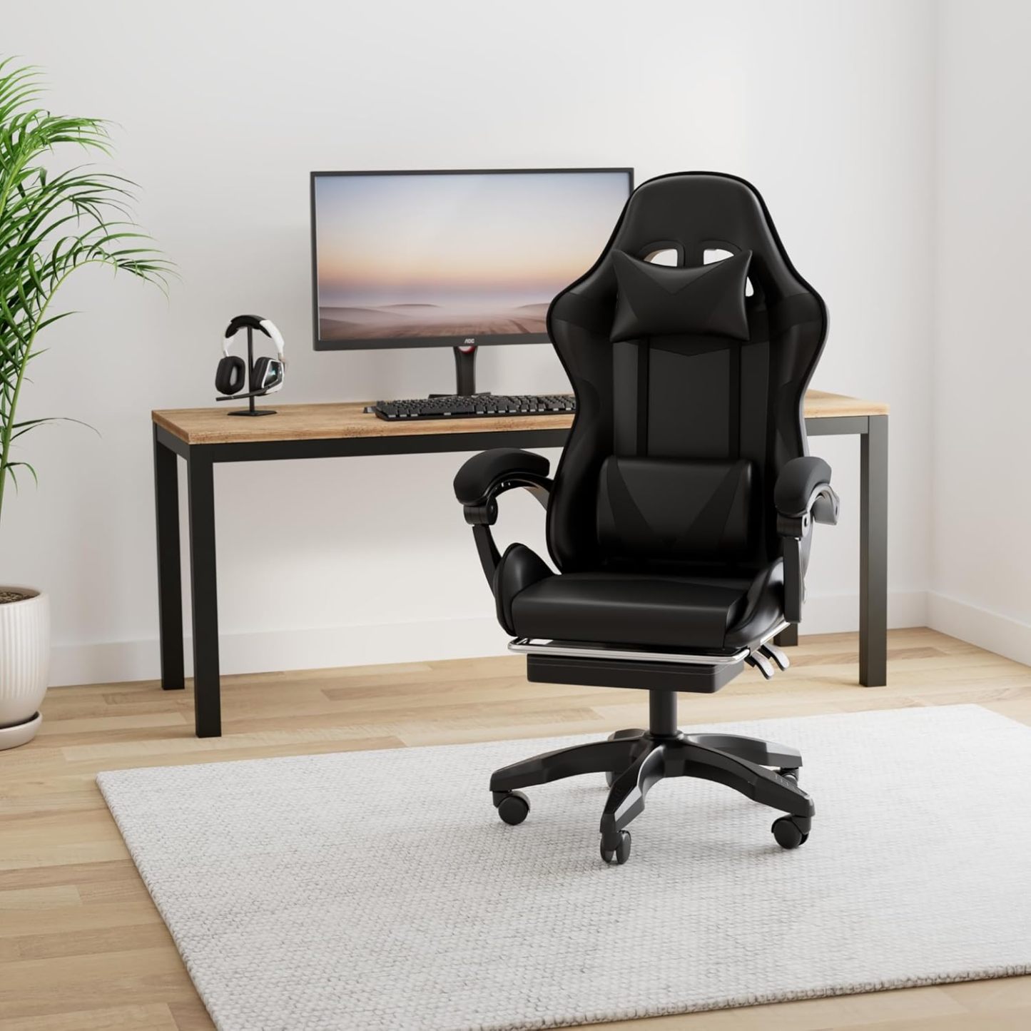 RagaBasics, Silla Gamer de Alta Calidad y Comfort, Silla de Ofina con Base Giratoria, Ruedas, Reposa Brazos, Reposa Pies y Respaldo Reclinable para la Mejor Posicion. (Negro)