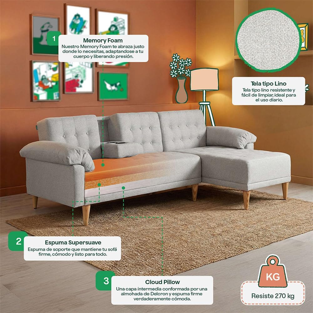 MAKORA Sala Modular Sofa Cama Brunello De 3 Plazas con Portavasos Memory Foam Respaldo Reclinable 3 Posiciones Recto Relax o Cama Perfecto para Departamento o Casa (Gris Claro)