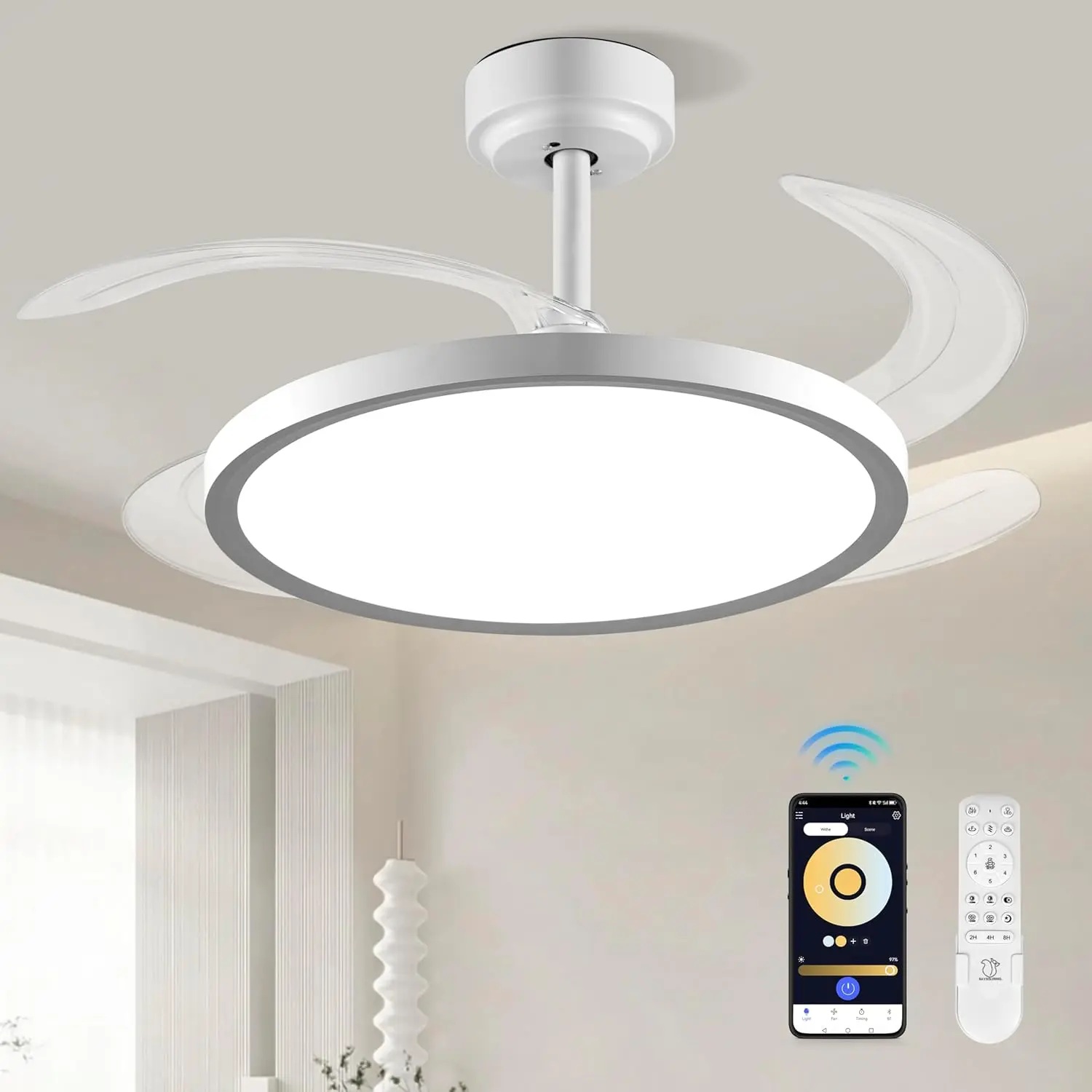 BaySquirrel Slim Invisible Ceiling Fans Lights with Remote Control & App 42 Inch Dimmable Fan 6 Retractable Blades 6-Speed Reversible Adjustable Rgb Lighting 24-Hour Timer Smart Lamp summervibes