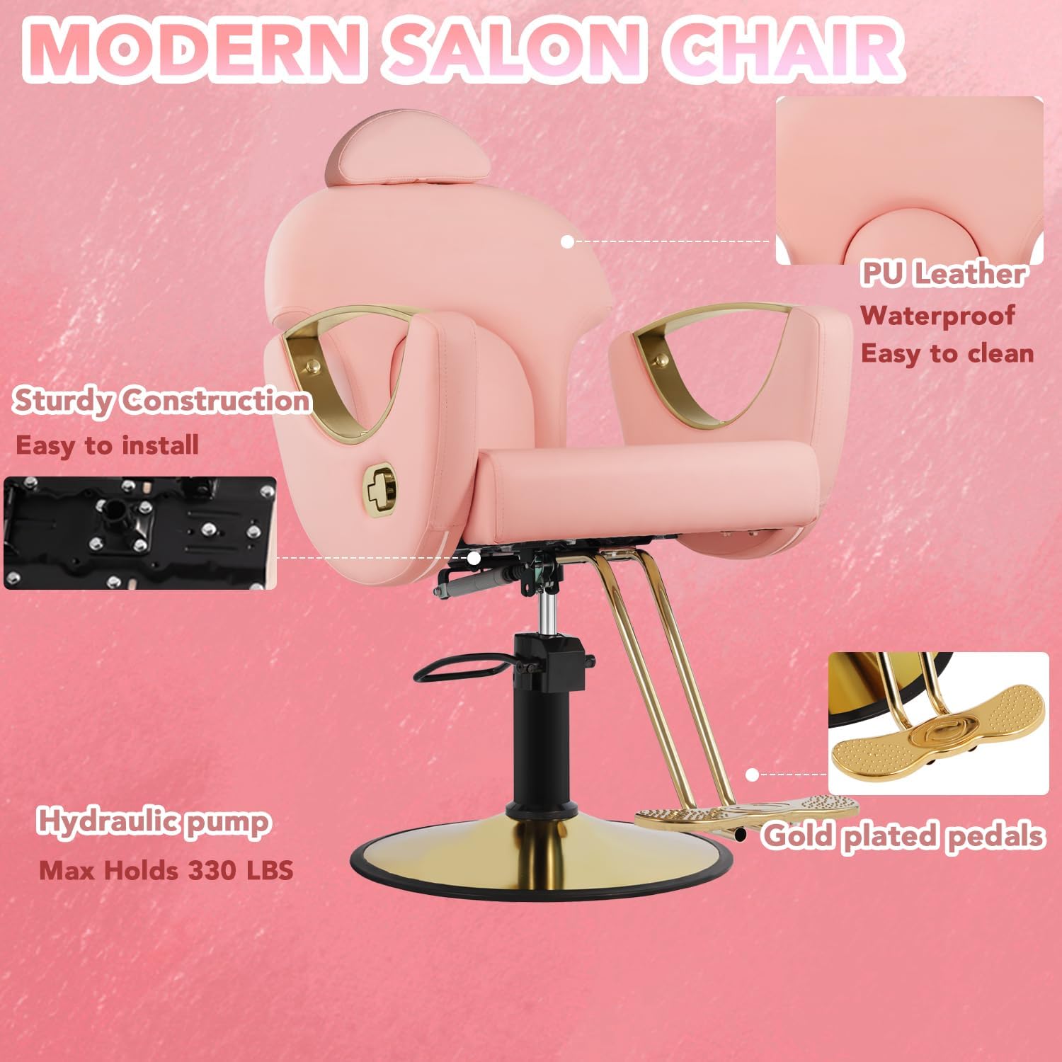Silla de peluquero de salón, silla reclinable para peluquero, silla de peluquería con bomba hidráulica resistente, silla de peluquería giratoria de 360 grados para peluquería en casa, color rosa