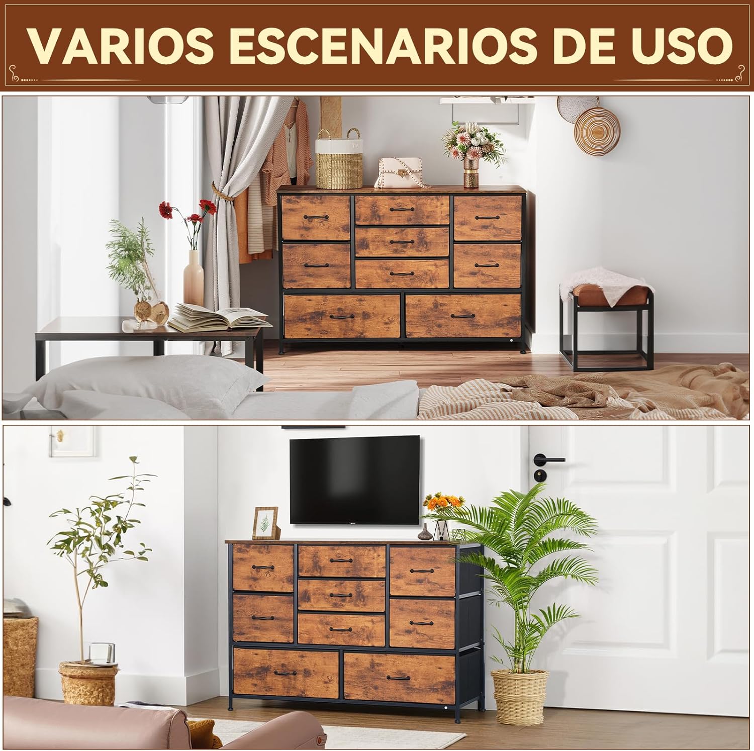 FURRIFIC Cómoda Gran Capacidad de 9 Cajones,115 * 75 * 35cm,Cajonera para Recamara,Ropa,Hogar Y Oficina,Organizador Cajonera de Estructura Metal con Cajones de Tela en 3 Tamaños