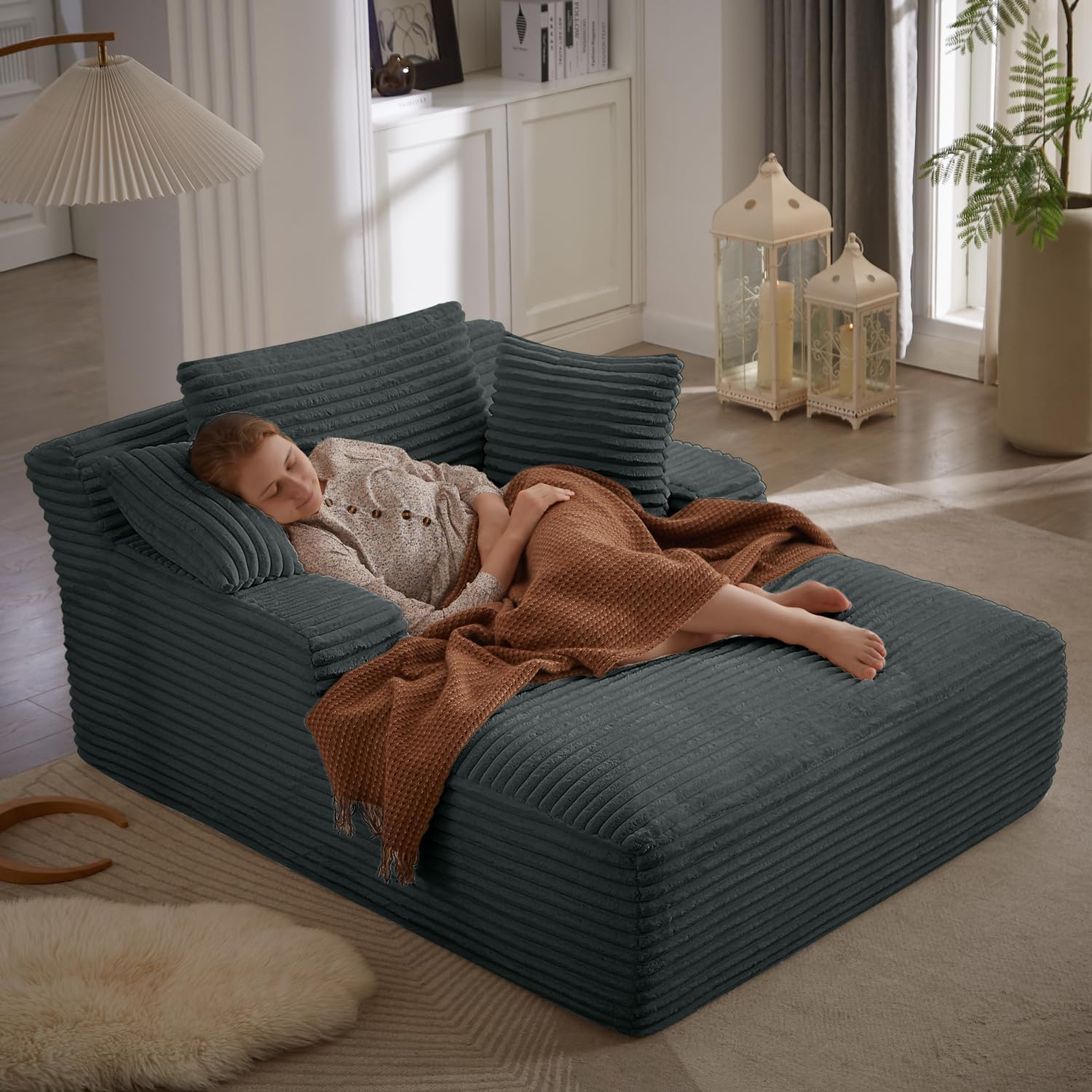 Ivoros - Chaise longue de 50 pulgadas para interior, sofá cama tapizado de pana de gran tamaño con asiento profundo, sillones de lectura, sofás tipo nube para sala de estar, no requiere montaje (beige