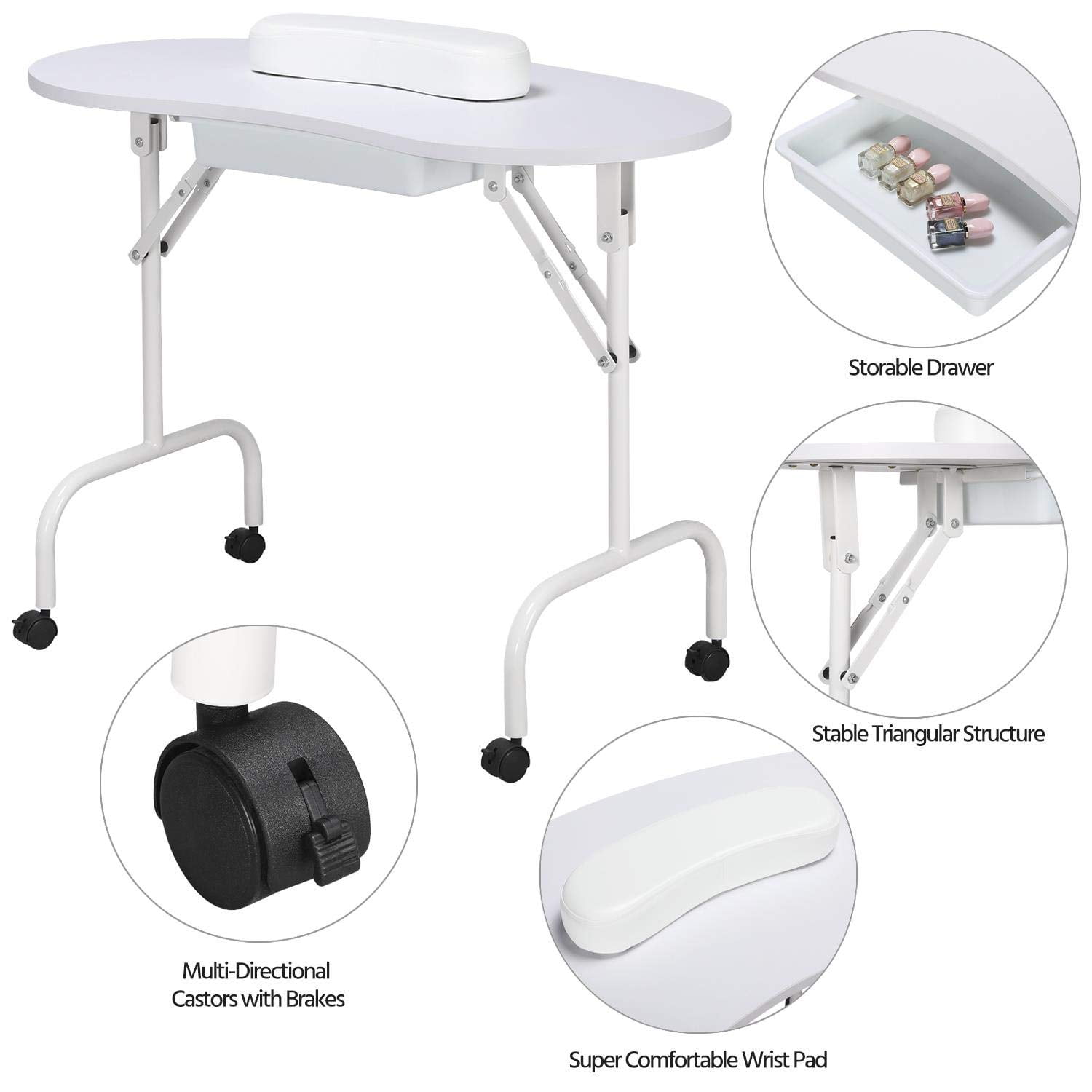 Mesa de manicura Yaheetech portátil y plegable de 37 pulgadas, blanca