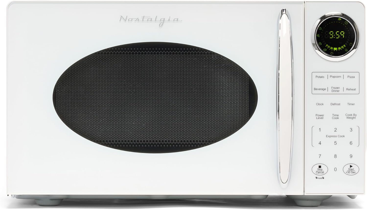 Nostalgia - Horno de microondas retro para encimera de mediados de siglo, tamaño grande de 900 W, 0.9 pies cúbicos, 8 ajustes de cocción preprogramados, reloj digital, electrodomésticos de cocina,