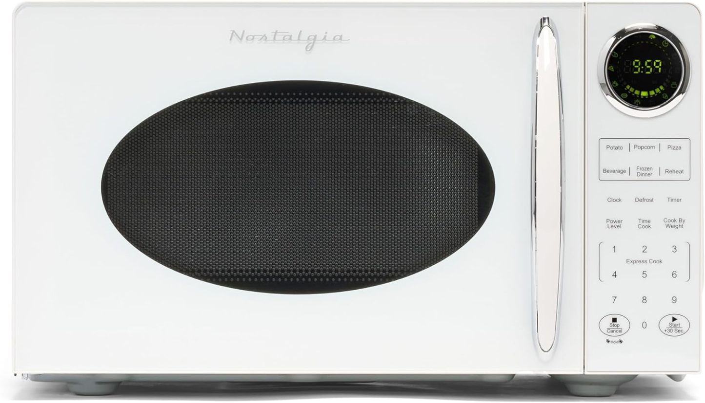 Nostalgia - Horno de microondas retro para encimera de mediados de siglo, tamaño grande de 900 W, 0.9 pies cúbicos, 8 ajustes de cocción preprogramados, reloj digital, electrodomésticos de cocina,
