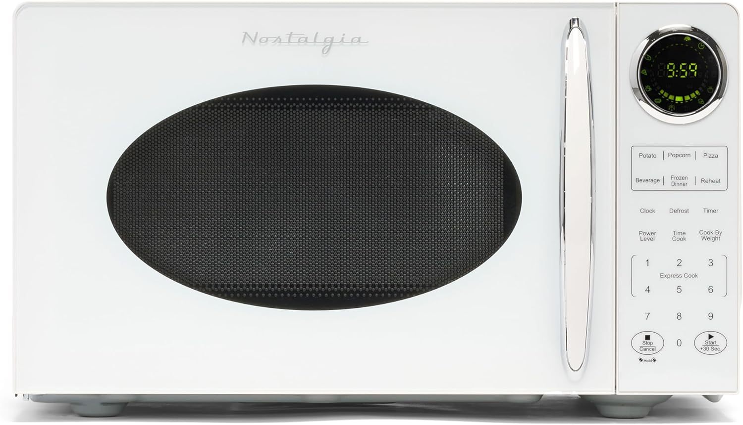 Nostalgia - Horno de microondas retro para encimera de mediados de siglo, tamaño grande de 900 W, 0.9 pies cúbicos, 8 ajustes de cocción preprogramados, reloj digital, electrodomésticos de cocina,