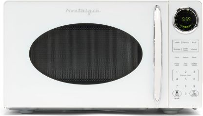 Nostalgia - Horno de microondas retro para encimera de mediados de siglo, tamaño grande de 900 W, 0.9 pies cúbicos, 8 ajustes de cocción preprogramados, reloj digital, electrodomésticos de cocina,