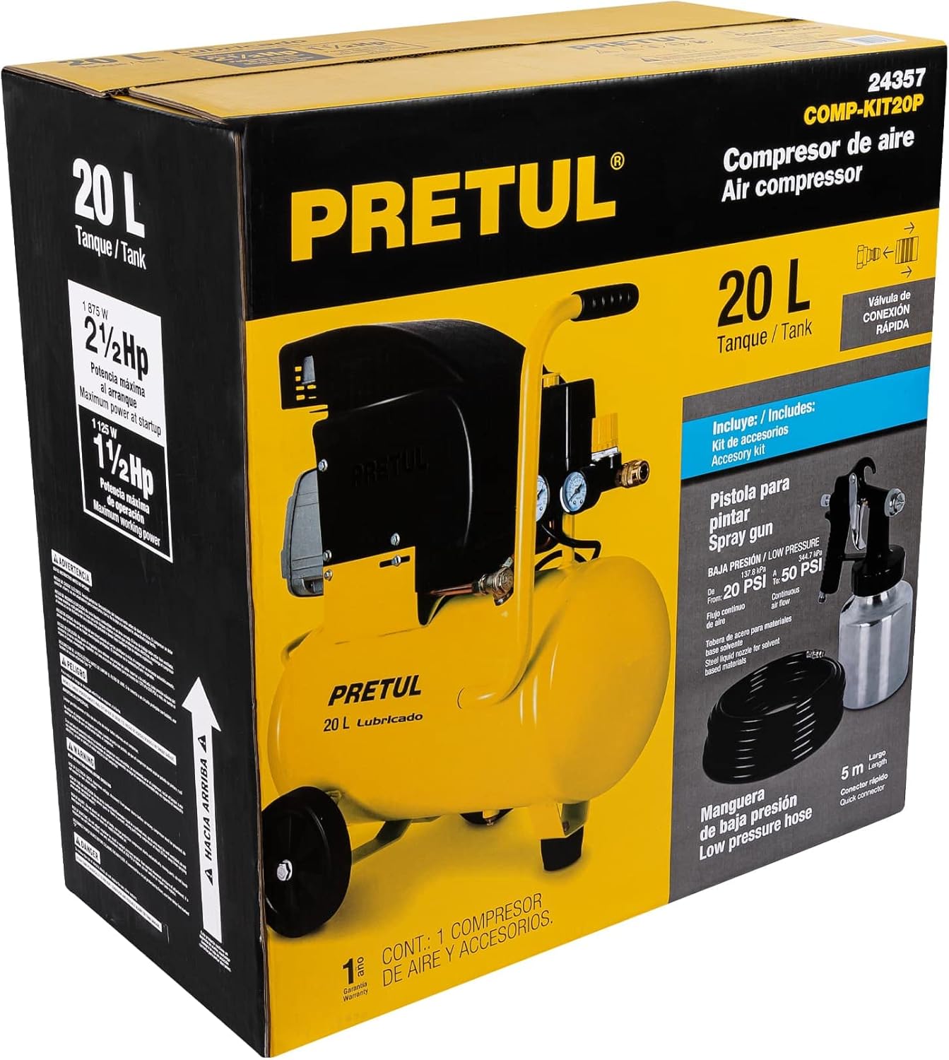 Pretul COMP-KIT20P, Kit compresor 20 L, 2-1/2 HP, manguera PVC y pistola