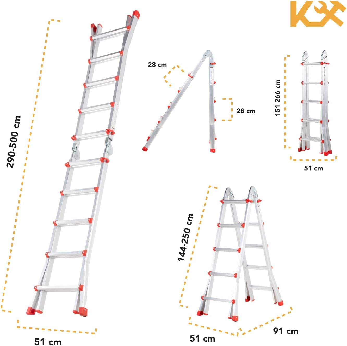 Kingsman | Escalera Multiposiciones 12 Peldaños con Charolas – Soporta hasta 150 kg – Escalera de Aluminio 3.5 MTS – Plegable – Escalera Multipropósito – Tipo Tijera – Andamio – Escalera Recta