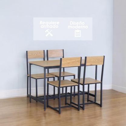 Juego de Comedor Industrial de Madera y Metal | Mesa con Sillas o Bancas | Set para 2 o 4 Personas (4 Sillas - Set para 4 Personas)
