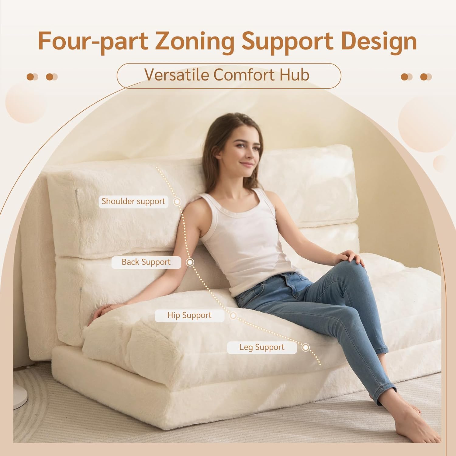 MAXYOYO - Puf plegable para sofá, cama, colchón de piso para adultos, extra grueso, 6 pliegues, sofá para recámara, sala de estar, beige, 135 x 240 cm