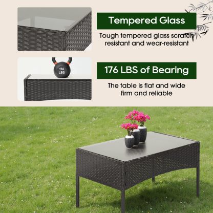 FDW - Juego de 4 muebles para exteriores, juego de conversación de mimbre con silla de ratán, mesa de centro para exteriores, interiores, jardín, patio, porche, terraza, balcón, cojines de mimbre
