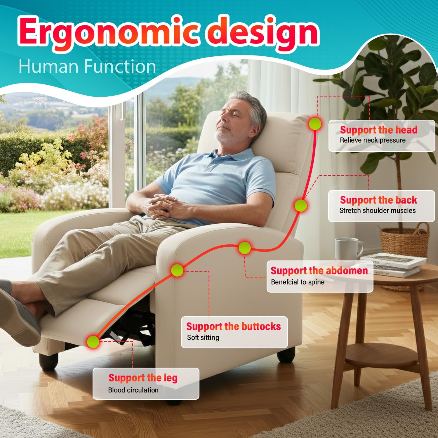 Silla reclinable para sala de estar, sala de cine en casa, sofá individual Winback, sillón reclinable de masaje, silla de lectura, silla reclinable moderna, fácil descanso con respaldo acolchado de tela (tela beige)