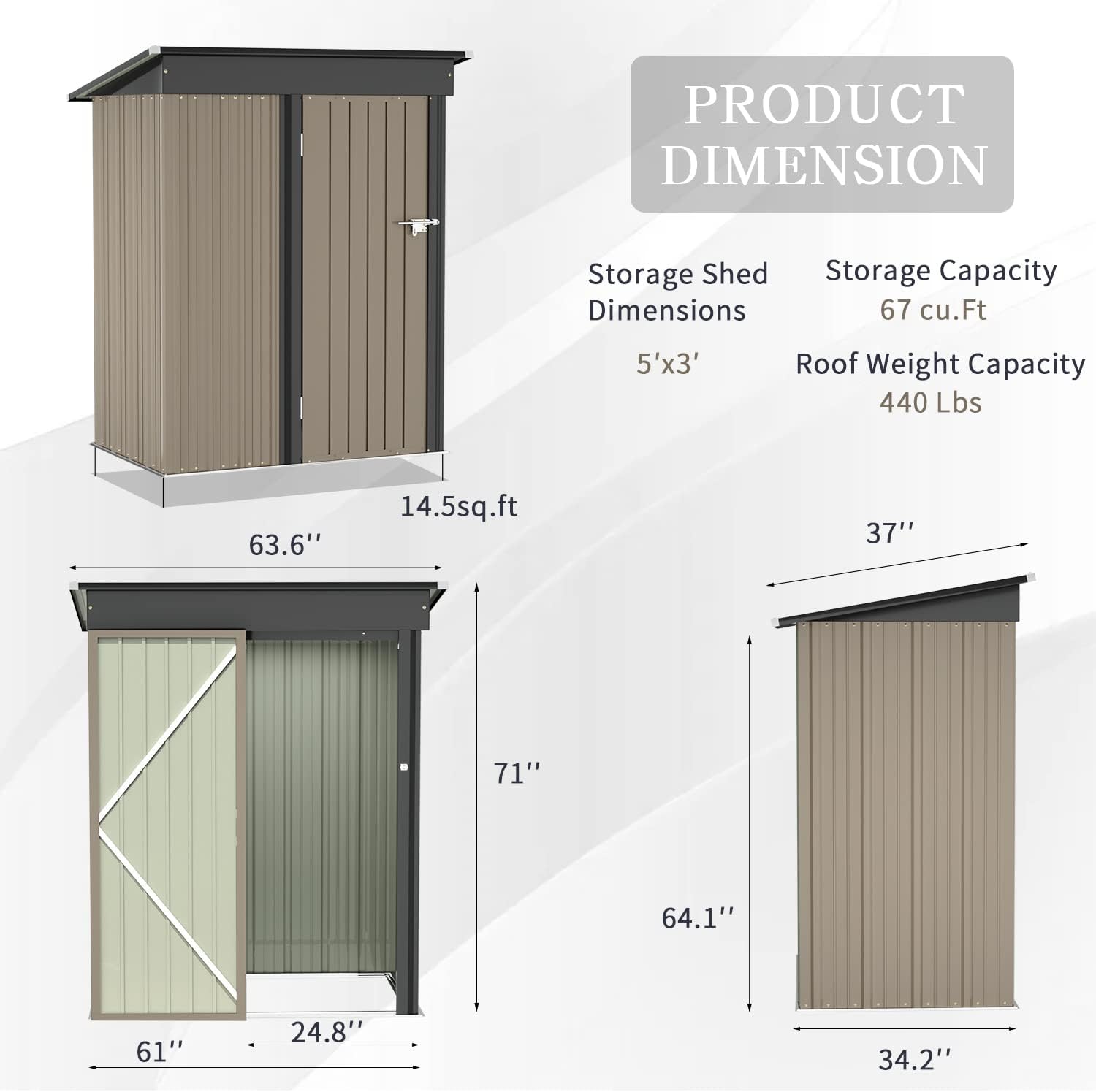 Greesum - Cobertizo de almacenamiento de metal para exteriores, 5 pies x 3 pies, herramienta de acero para cobertizo de almacenamiento con puerta y cerradura, para patio trasero, jardín, patio, césped (5 x 3 pulgadas), color café
