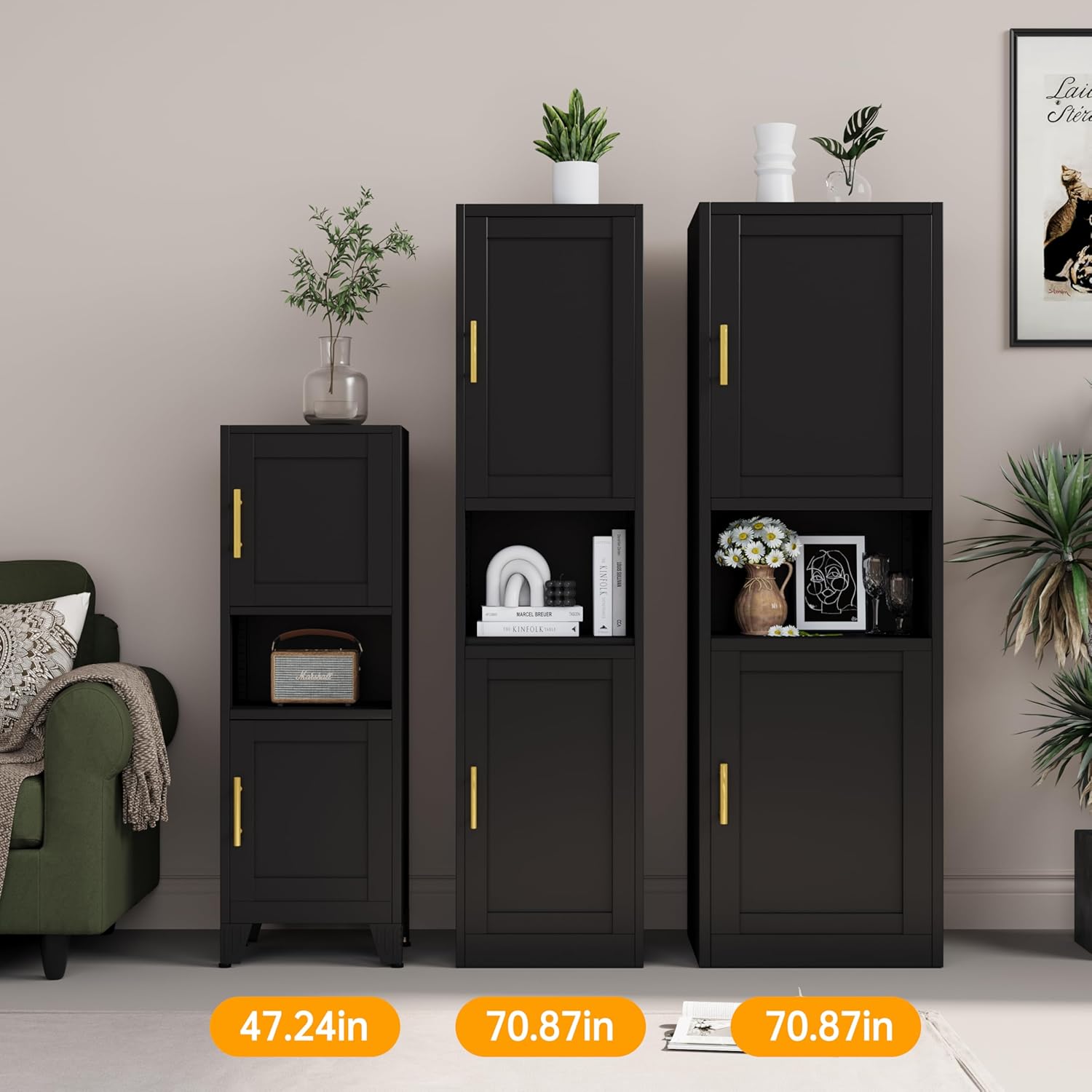 Ckzbx Gabinete de cocina de metal de 61 pulgadas de alto con 4 puertas, armarios de baño, 2 estantes ajustables para cocina, oficina en casa, sala de estar, comedor (negro)