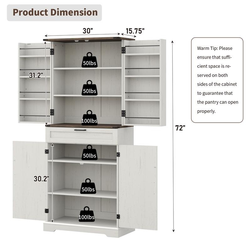 Armario despensero de cocina de 72 pulgadas, mueble de almacenamiento alto con 8 estantes en las puertas, 2 compartimentos y 1 cajón.