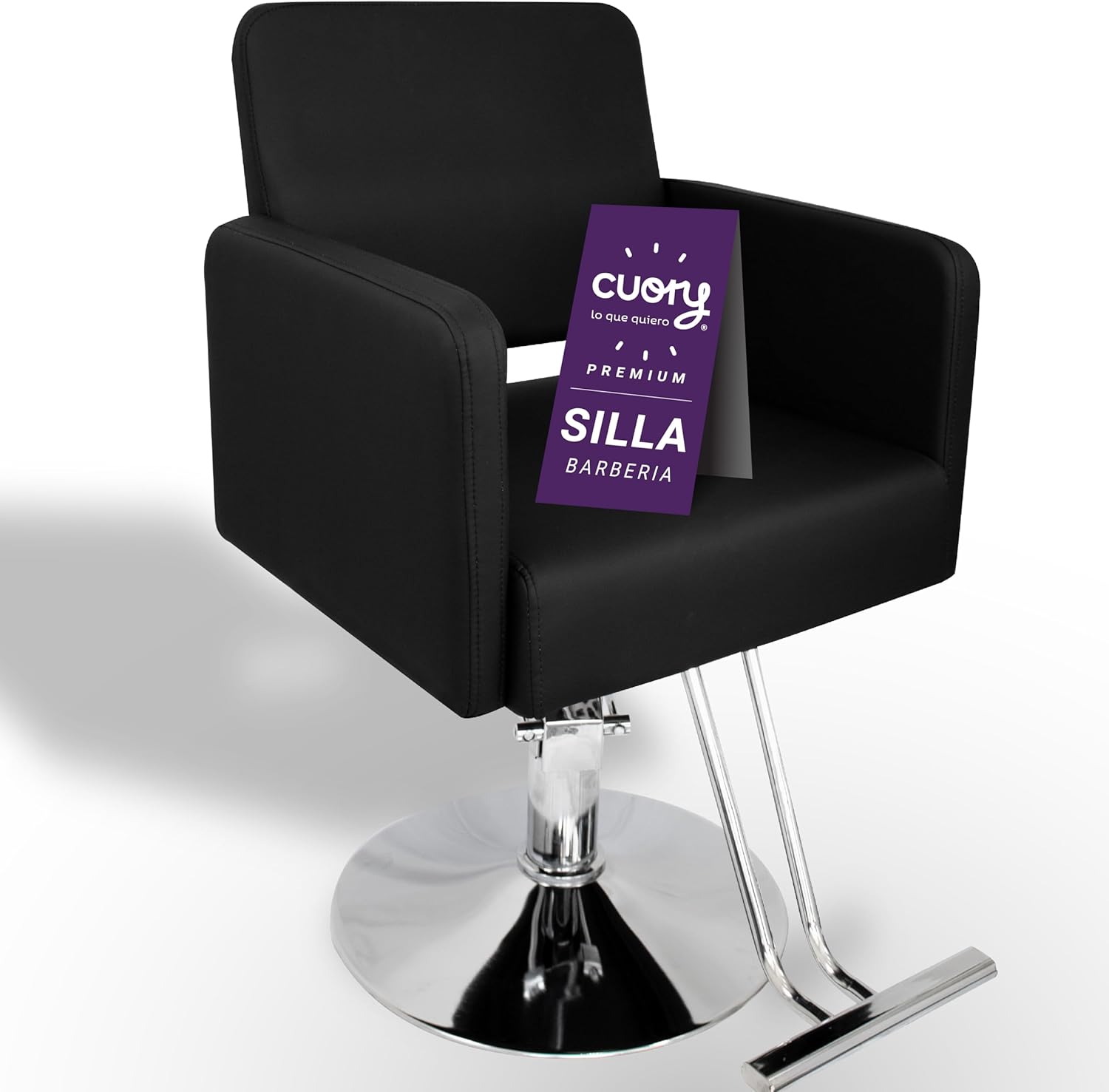 CUORY Silla Barberia Sillon de Barberia Estética Estilista Peluquería | Barber Silla Hidraulico Salón de Belleza Cómodo Asiento Giratorio | Altura Ajustable | Redonda Base Cromada | Negro