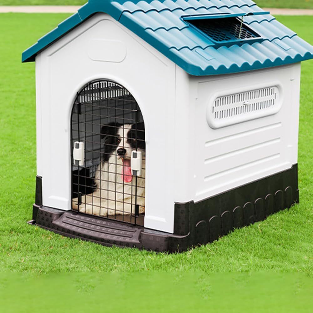 JIUSILIFE Casa Grande para Perros, Casa para Perros Tanto para Interior como para Exterior, con Techo Solar Ajustable Y Base Elevada, Fácil Montar, con Aseo, Casa Plegable Impermeable,Gray,M