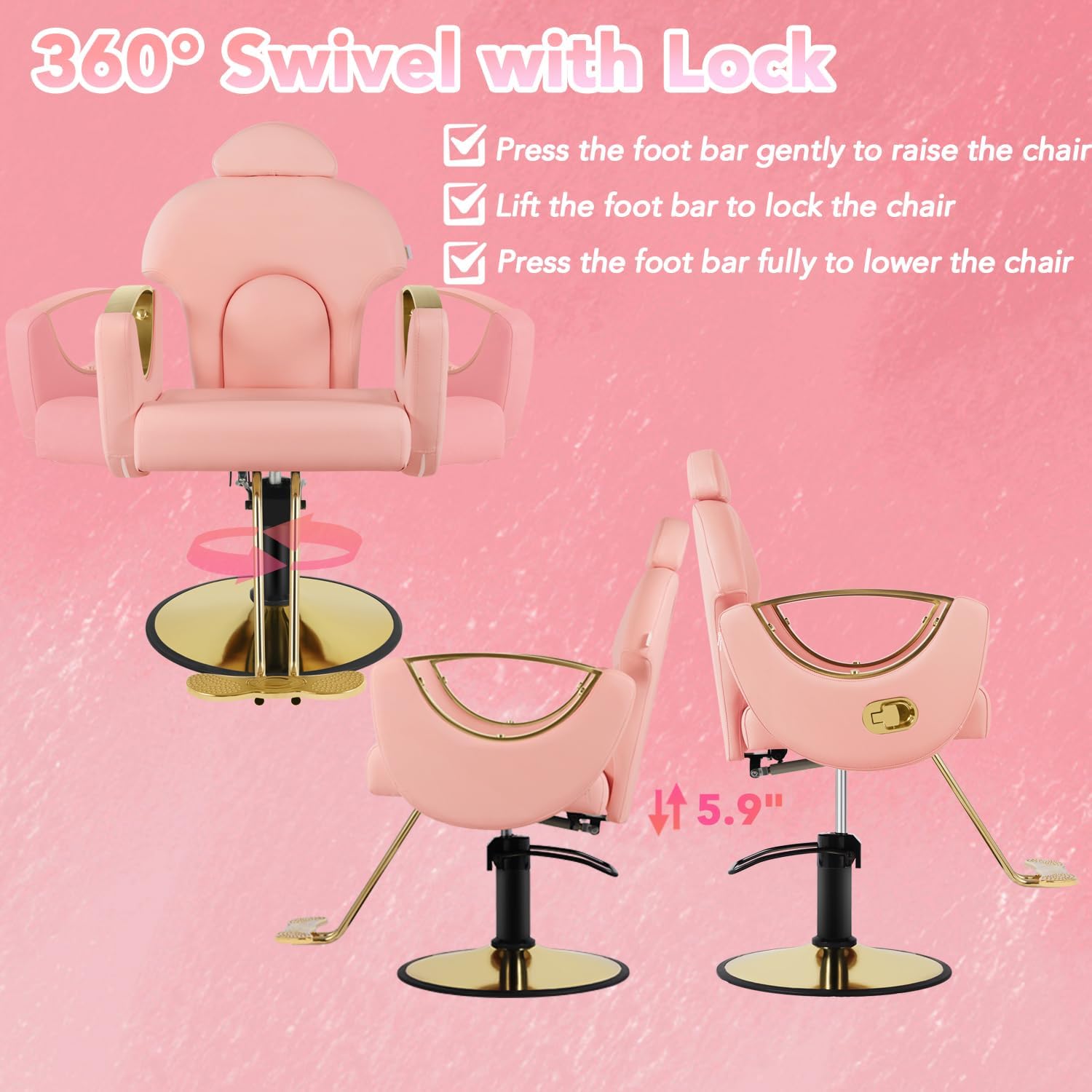 Silla de peluquero de salón, silla reclinable para peluquero, silla de peluquería con bomba hidráulica resistente, silla de peluquería giratoria de 360 grados para peluquería en casa, color rosa