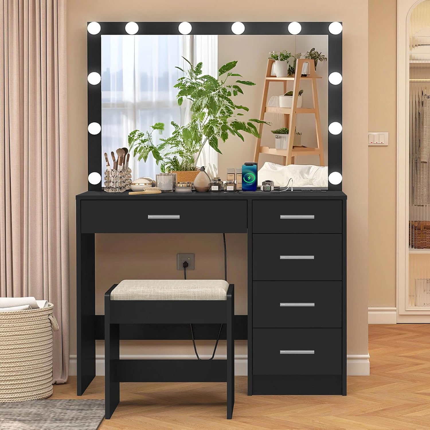 usikey - cambiador de maquillaje con 12 luces, computadora de cambiador con toma de corriente, mesa de maquillaje con 5 cajones, espejo grande, cambiador con taburete para recámara, baño, negro