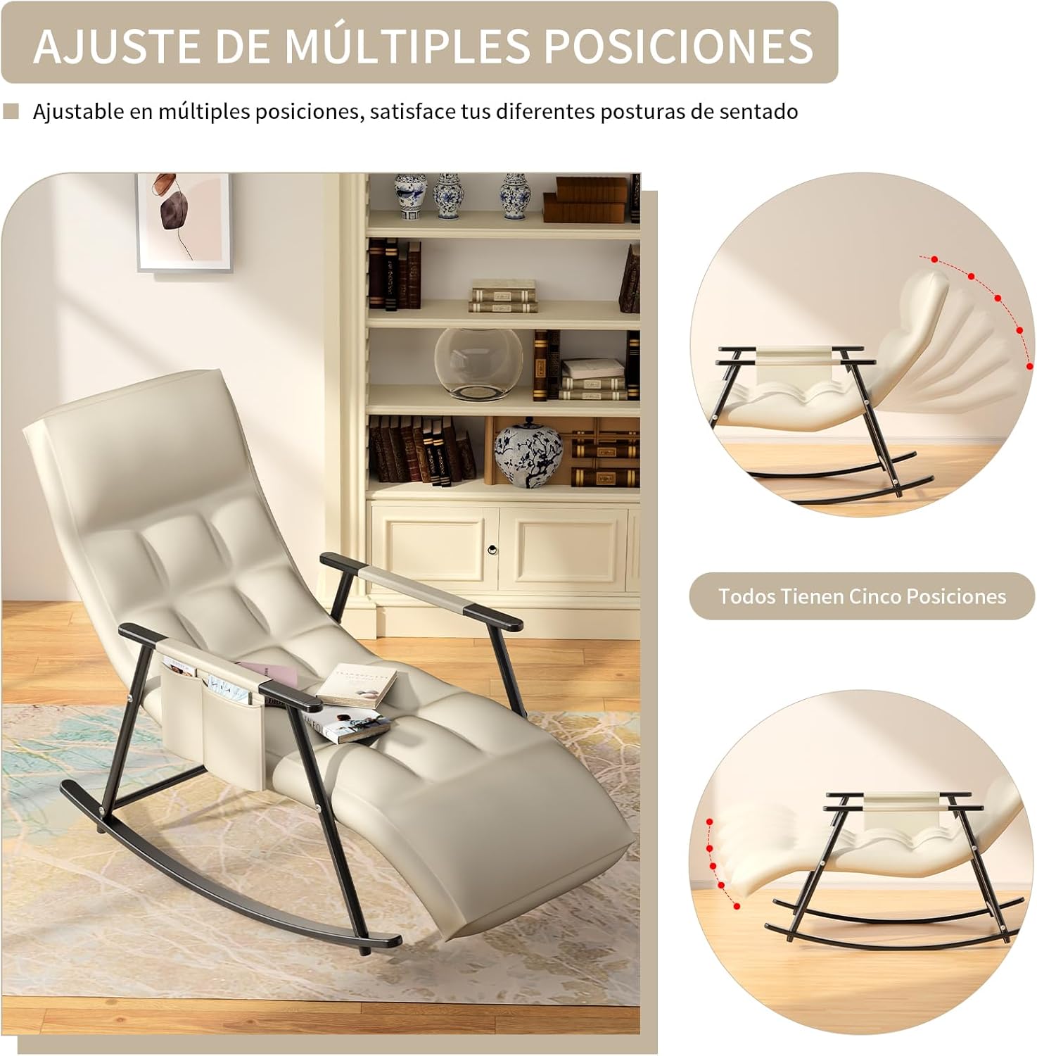 Sillas Mecedora, sillón reclinable Mecedora con Respaldo Regulable y reposapiernas, Sillón Reclinable para Salón, Dormitorio, balcón y Oficina, Puede soportar 300 kg (Blanquecino)