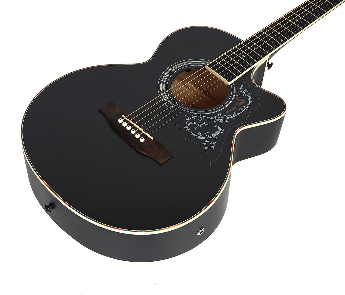 Kit de guitarra eléctrica acústica de 39 pulgadas con ecualizador de 4 bandas con estuche, juego de cuerdas, capo, paño de limpieza, afinador, púas, correa para el hombro y cable (Black)