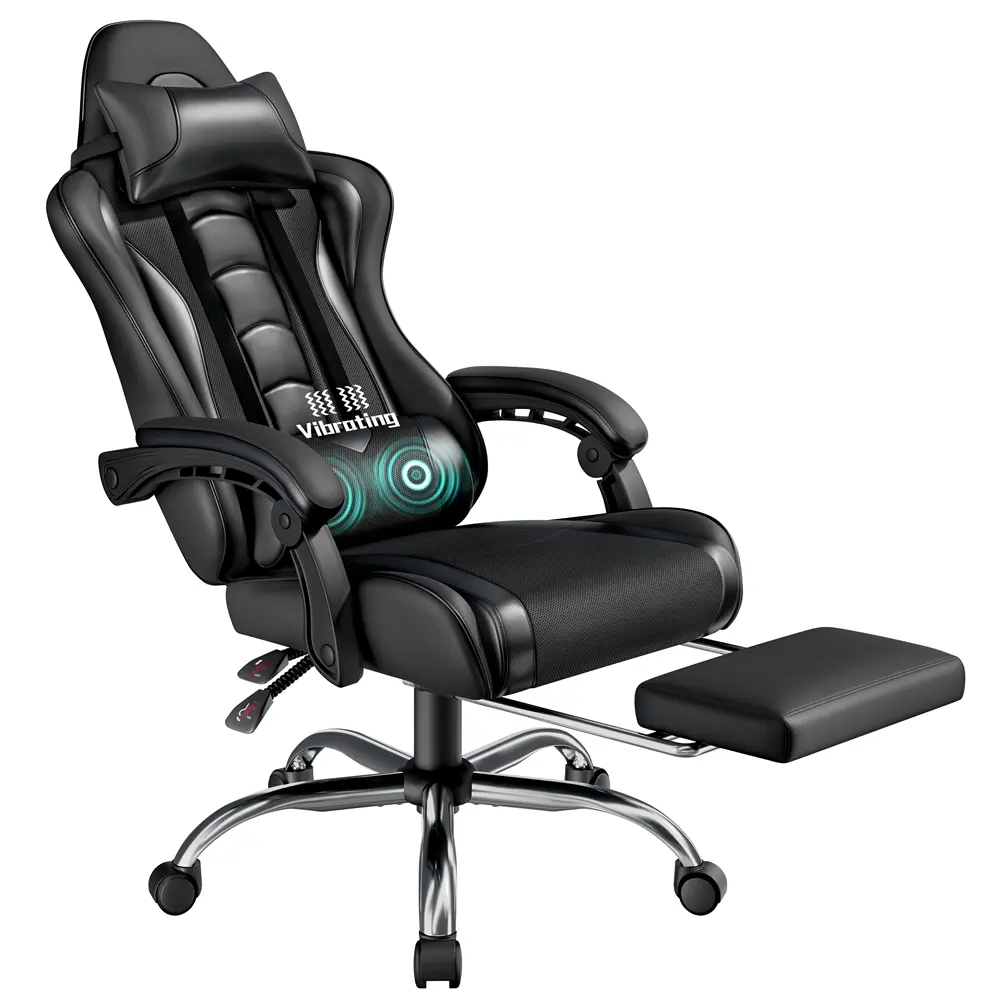 Silla Gamer Ergonómica con Soporte Lumbar de Masaje, Reposapiés Retráctil y Reposacabezas – Silla de Oficina Reclinable de Cuero PU, Silla de Escritorio Giratoria con Ruedas para Gamers de Gran Estatura