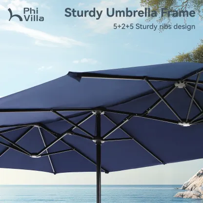Sombrilla Solar para Patio de 15/13 pies con Base — Sombrilla Doble Extra Grande para Exteriores con 36 Luces LED y Manivela, Ideal para Jardín, Terraza, Piscina y Patio