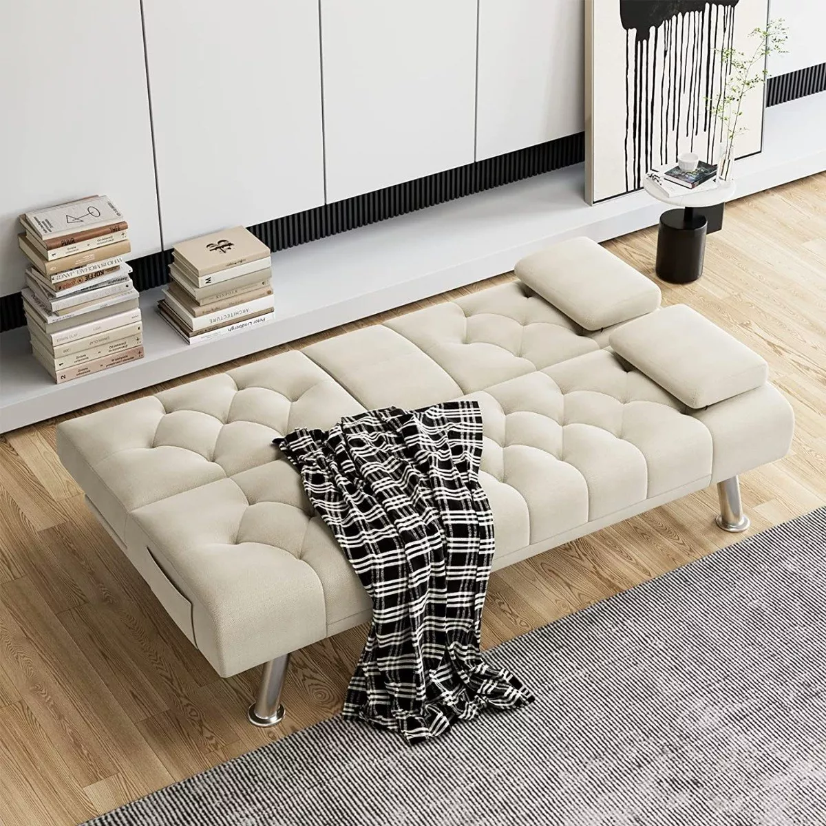 Sofá cama futón plegable portavasos de piel sintética marrón