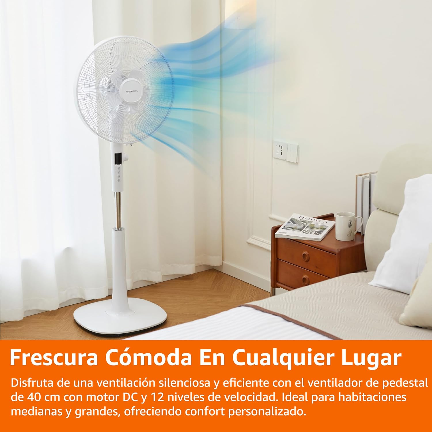 Amazon Basics Ventilador de pedestal de 40.6 cm con control remoto para recámara sala u oficina, con 3 velocidades, 3 modos, temporizador, altura ajustable, cabezal inclinable, 60 W, negro