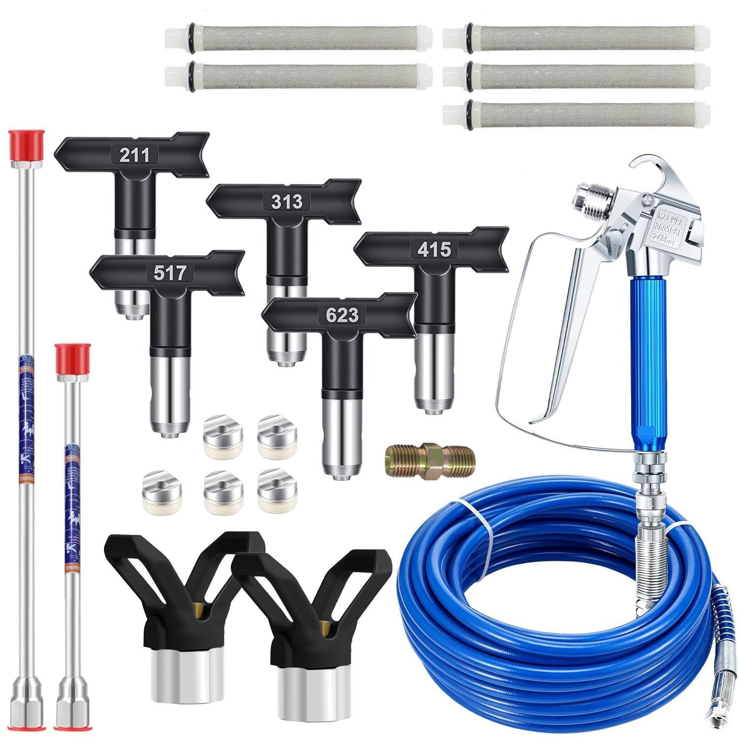 Handheld Airless Paint Spray Gun Kit, Paint Spraying Tool, 3600 PSI High-Pressure Paint Sprayer for House Painting with 32.81ft Hose, 180&deg; Reversible Nozzles, 2 Tip Guards, 2 Stainless Steel Extension Rods for Heavy-Duty Spray Painting