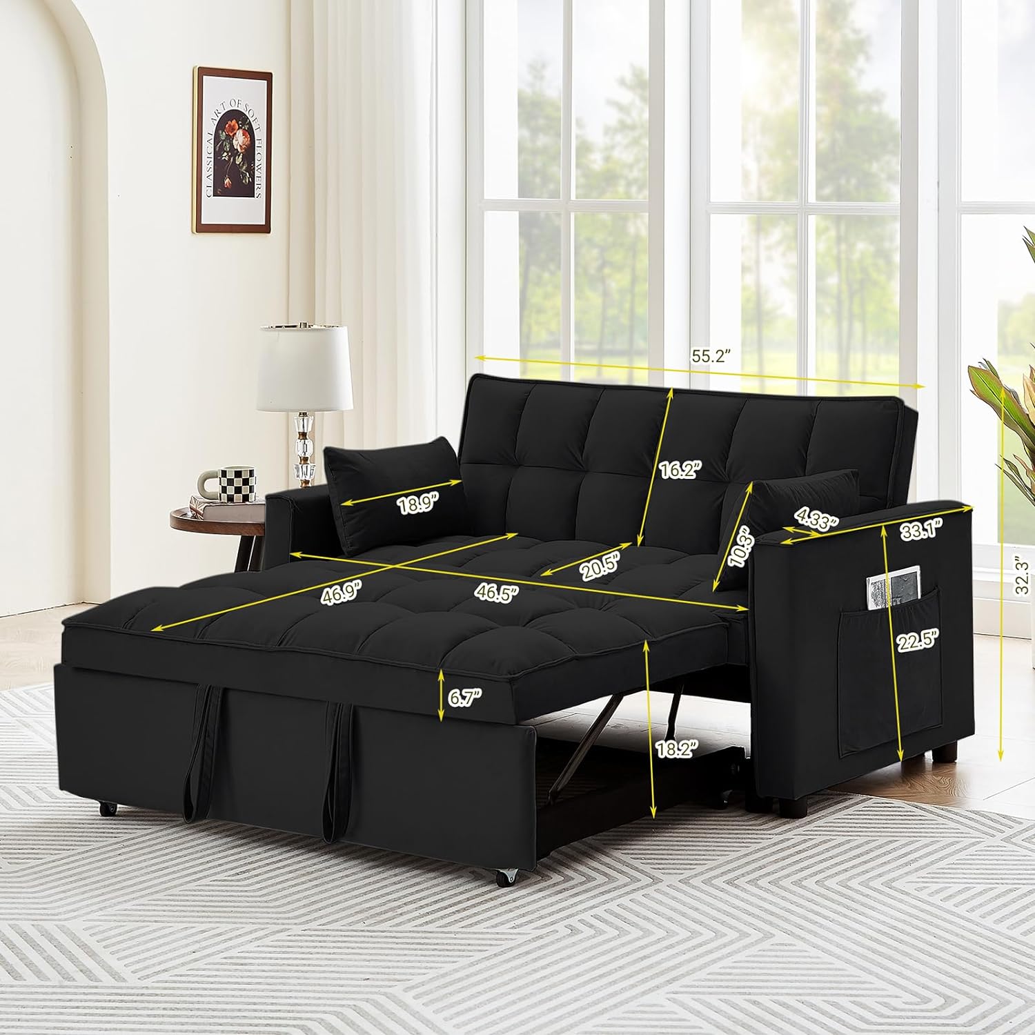 CALABASH Sofá convertible de 55 pulgadas 3 en 1 sofá de terciopelo pequeño con cama extraíble, respaldo reclinable, almohadas y bolsillos, futón para sala de estar, departamento, oficina