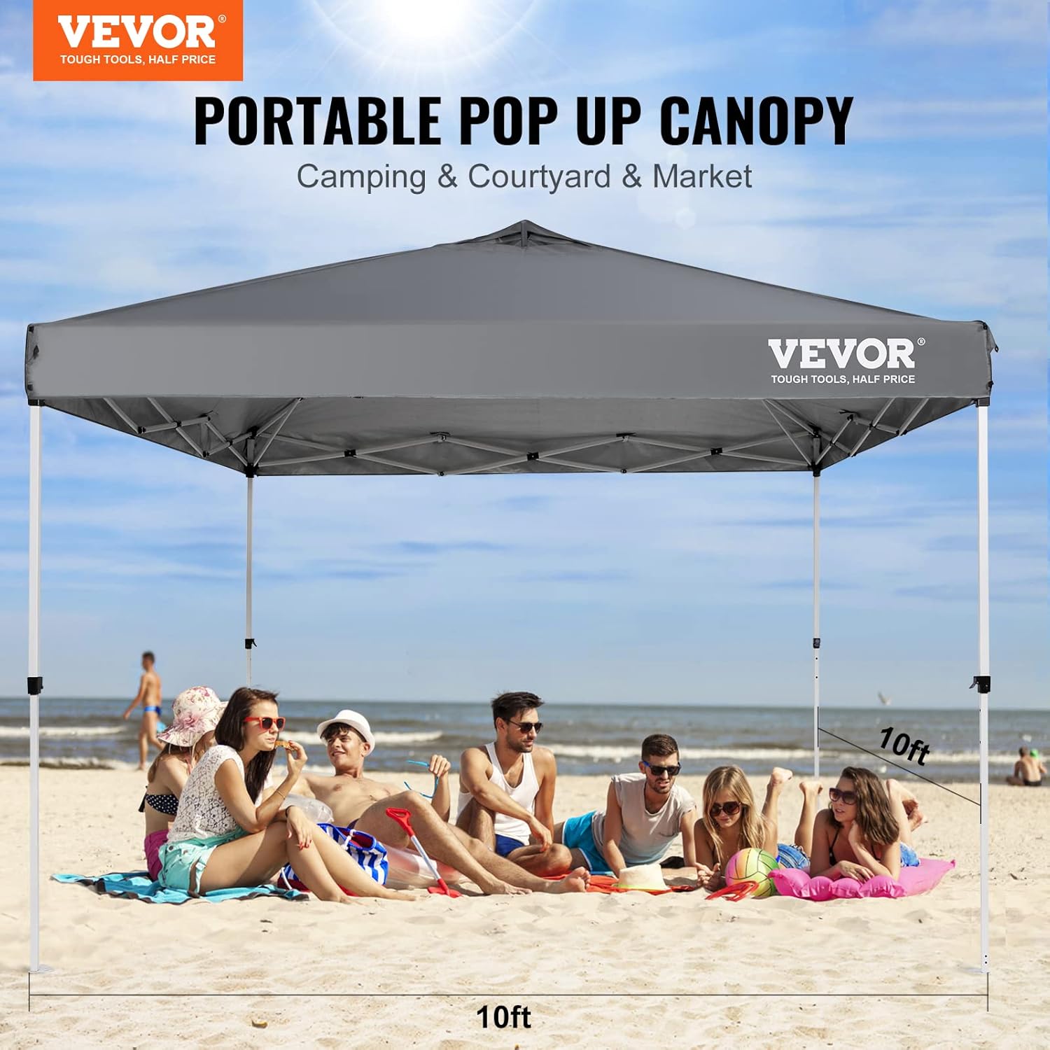 VEVOR - Tienda de campaña desplegable para toldo de 10 x 10 pies, lona recubierta de poliuretano de 250 D, con bolsa de rodillo portátil y 4 bolsas de arena, resistente al agua y protección solar para