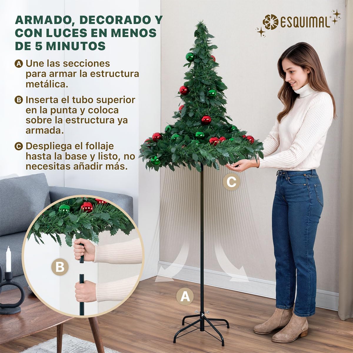 ESQUIMAL Árbol de Navidad con Luces Integradas 1.80 m Verde y Dorado