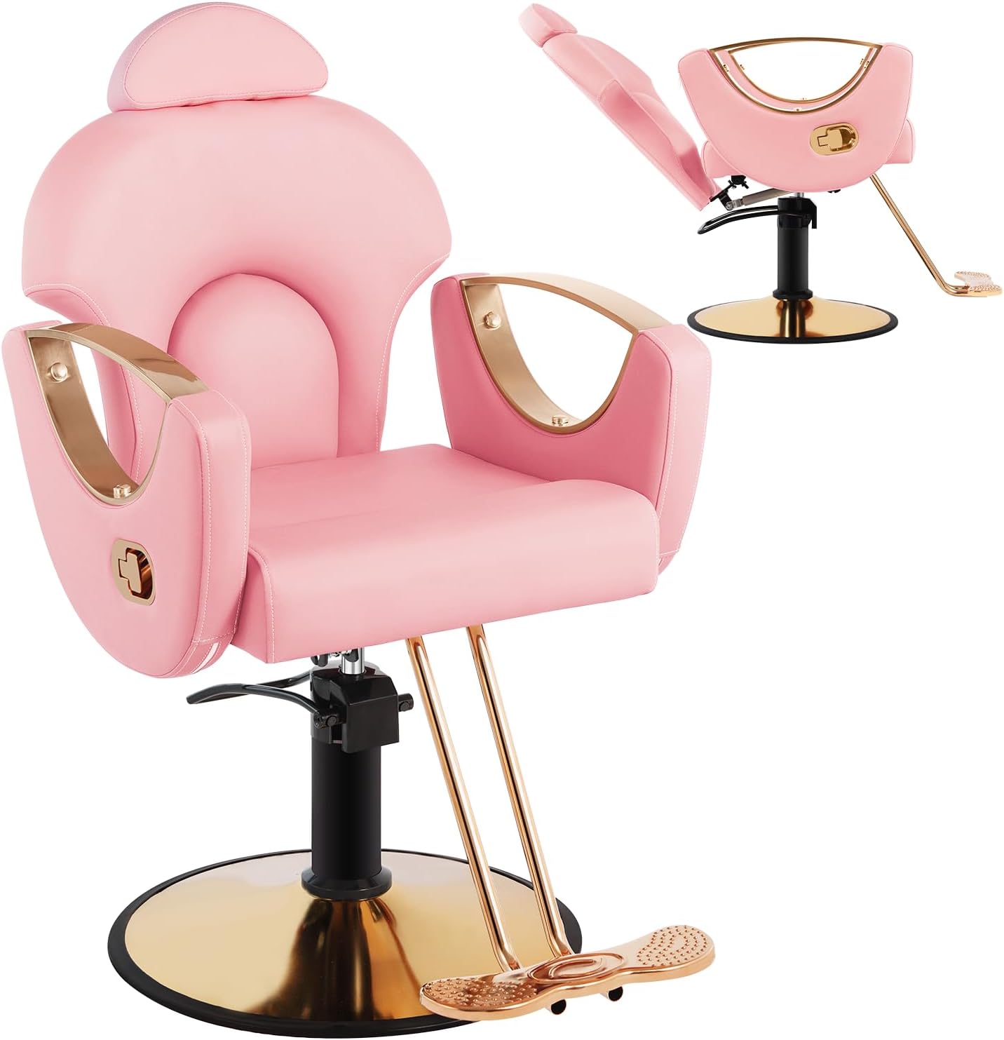 Silla de peluquero de salón, silla reclinable para peluquero, silla de peluquería con bomba hidráulica resistente, silla de peluquería giratoria de 360 grados para peluquería en casa, color rosa