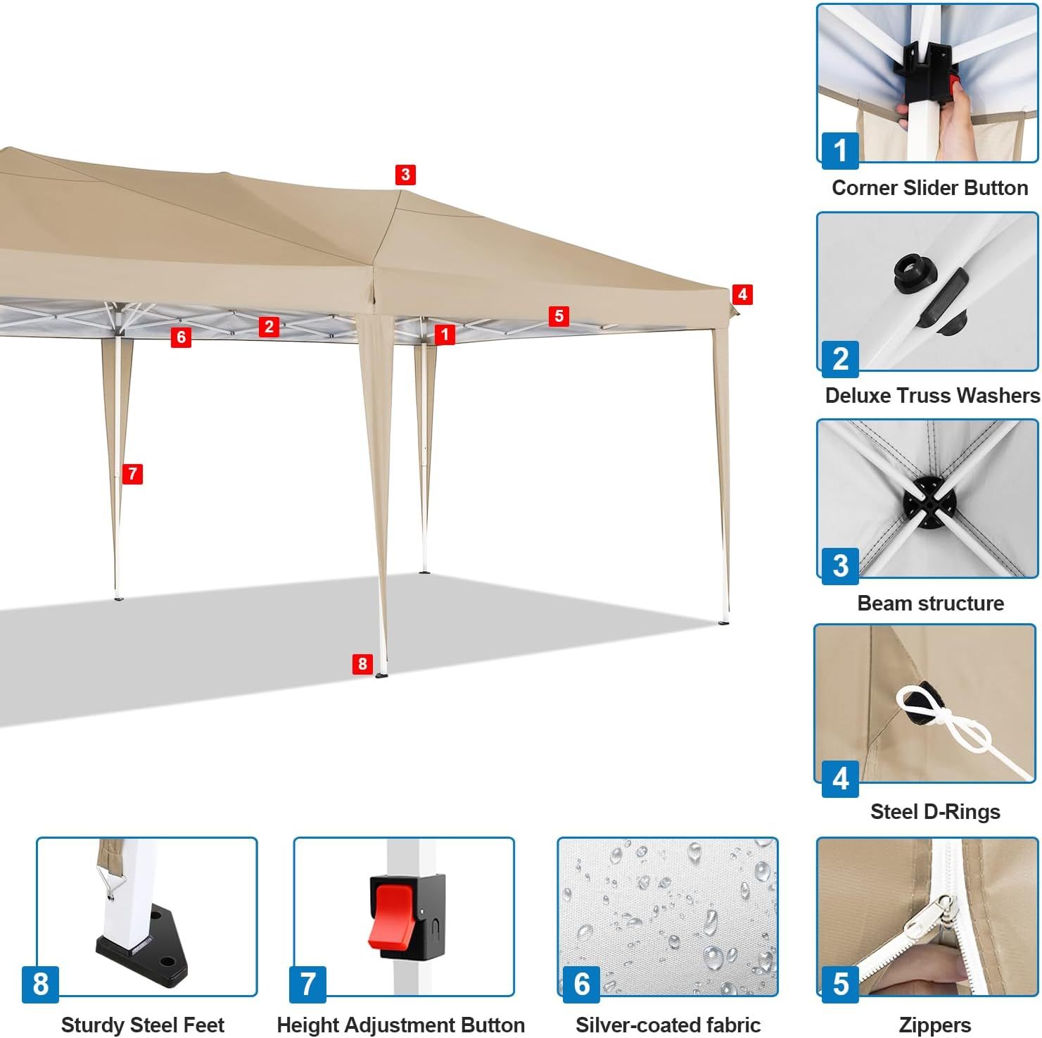 COBIZI - Toldo desplegable de 10 x 20 Pulgadas con 6 Paredes Laterales, toldo Impermeable para Eventos al Aire última intervensión, UPF 50+ cenador portátil para Fiestas, Playa, Camping, Boda,