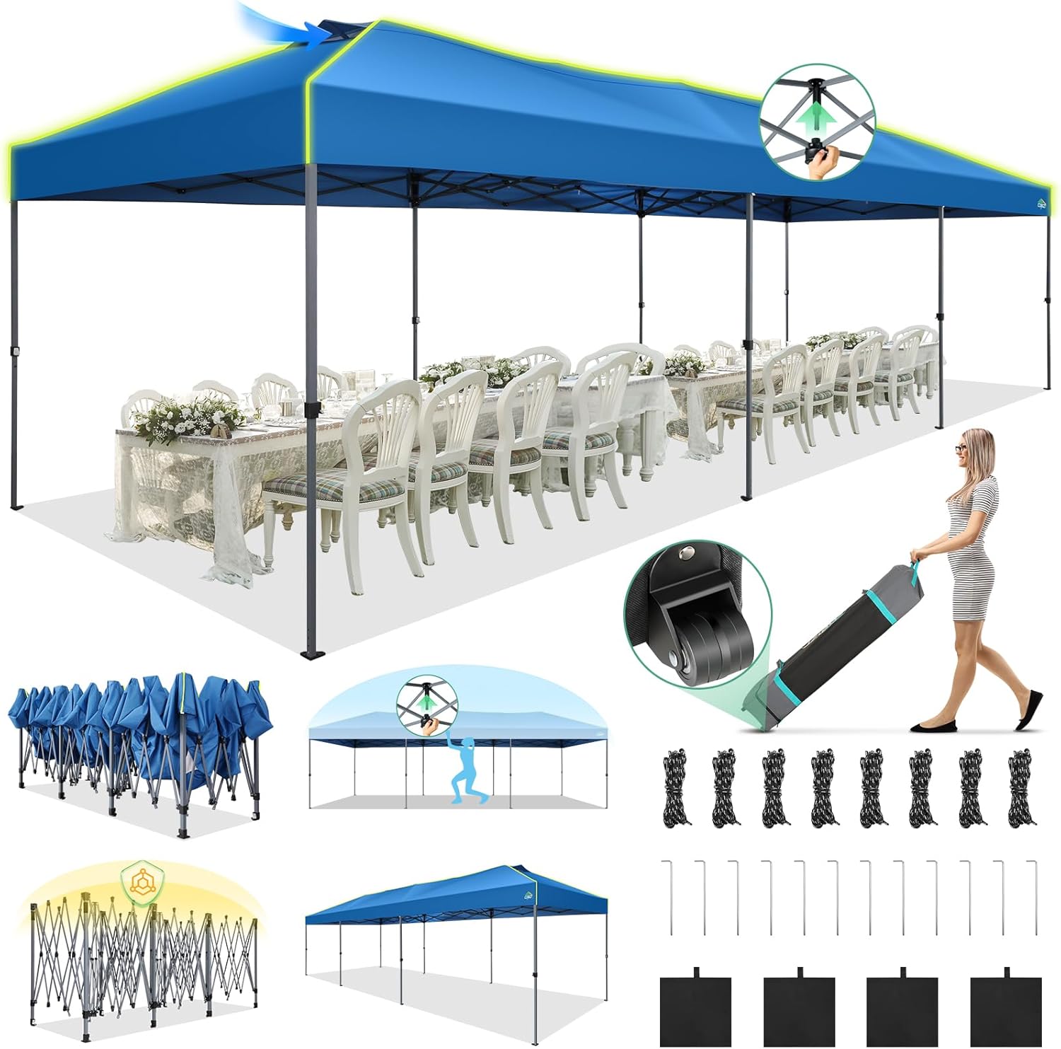 COBIZI - Tienda de campaña desplegable de 10 x 20 Pulgadas, Tienda de campaña instantánea Comercial para Bodas, Fiestas con 3 Altura Ajustable, toldo Ez Up para Exteriores, Impermeable, UPF50+ con