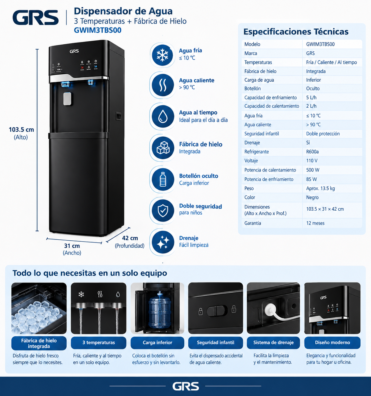 Dispensador de agua 3 temperaturas botellón oculto con fabrica de hielo GWIM3TBSO0 GRS