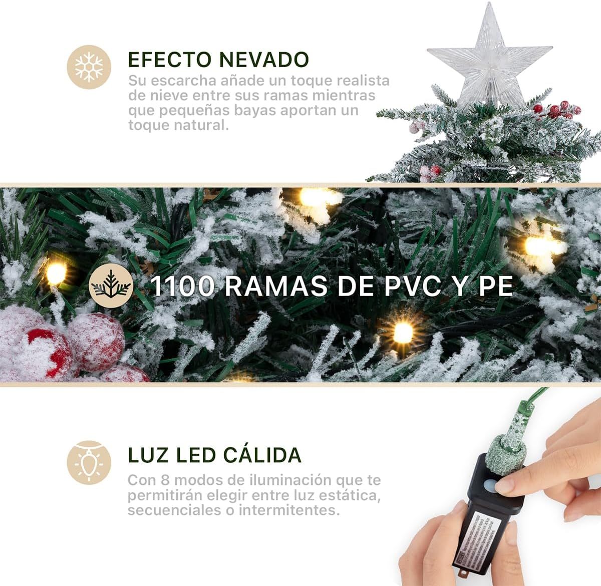 ESQUIMAL Árbol de Navidad Nevado con Luces LED 8 Modos de Iluminación + Estrella + Bayas (Verde Nevado, 1.8 m)