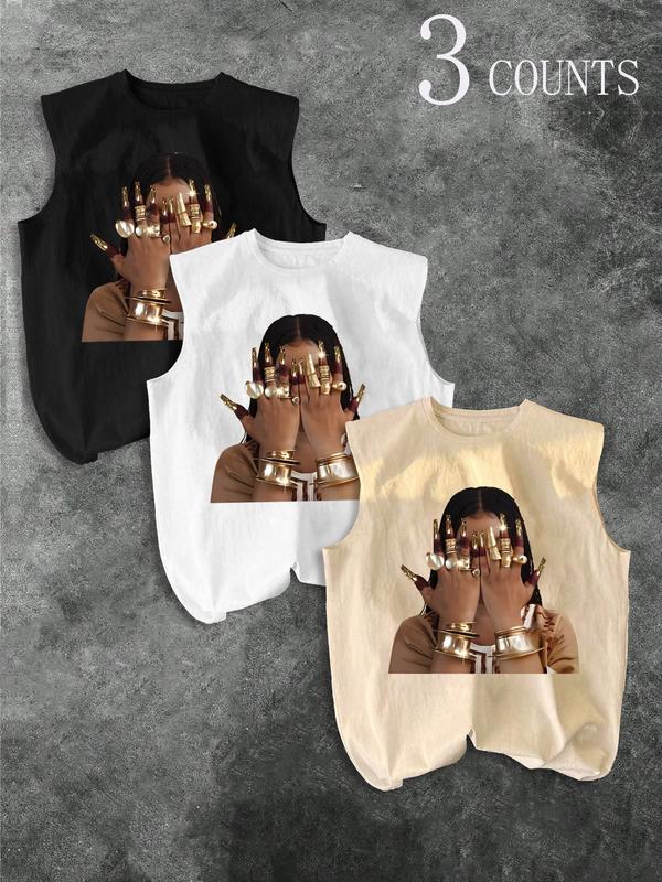 Men's Three-Piece Trendy Casual Sleeveless Vest Set, Face-Wiping Woman Print, Perfect for Summer, Vacation, Friend Gatherings