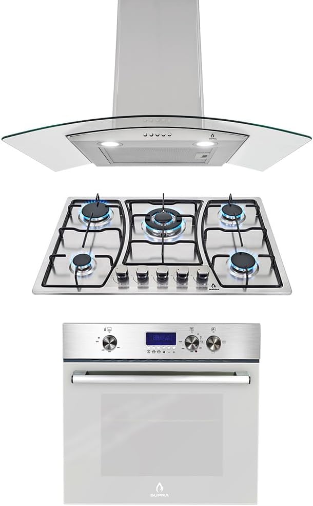 SUPRA Tricombo empotrable Zenit, Parrilla a gas de 5 quemadores para empotrar Mod. ZEGNA, Campana extractora de pared Mod. CC-76,Horno en acero inoxidable con cristal templado Mod. SILVER VORTEX