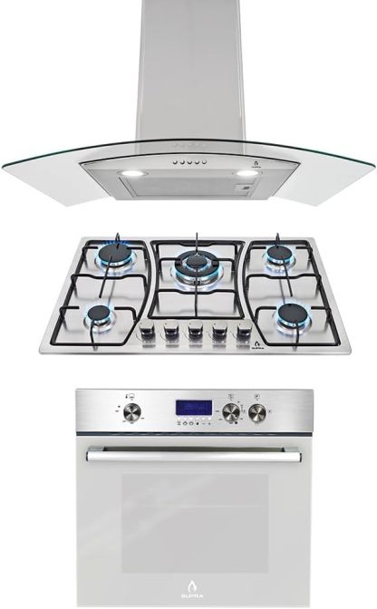 SUPRA Tricombo empotrable Zenit, Parrilla a gas de 5 quemadores para empotrar Mod. ZEGNA, Campana extractora de pared Mod. CC-76,Horno en acero inoxidable con cristal templado Mod. SILVER VORTEX